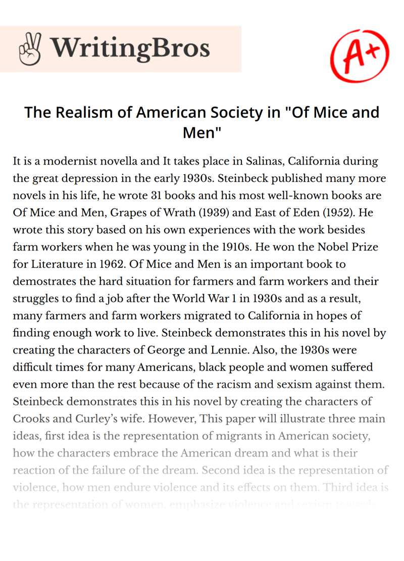 The Realism of American Society in "Of Mice and Men" essay