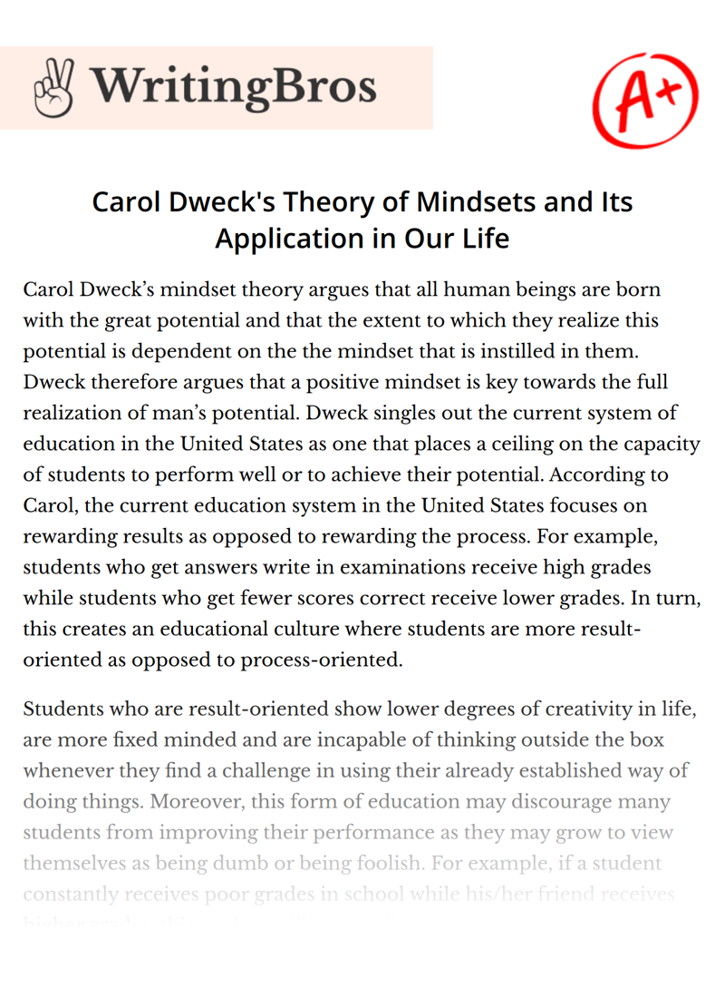 Carol Dweck's Theory of Mindsets and Its Application in Our Life essay