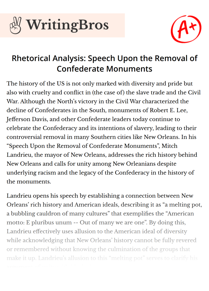 Rhetorical Analysis: Speech Upon the Removal of Confederate Monuments essay