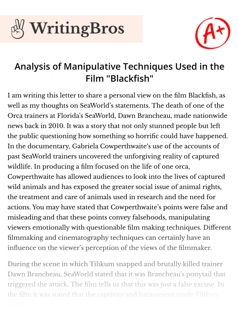 Analysis of Manipulative Techniques Used in the Film "Blackfish" essay