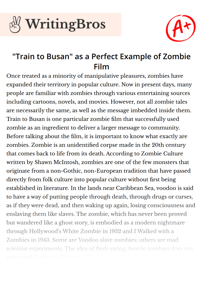"Train to Busan" as a Perfect Example of Zombie Film essay