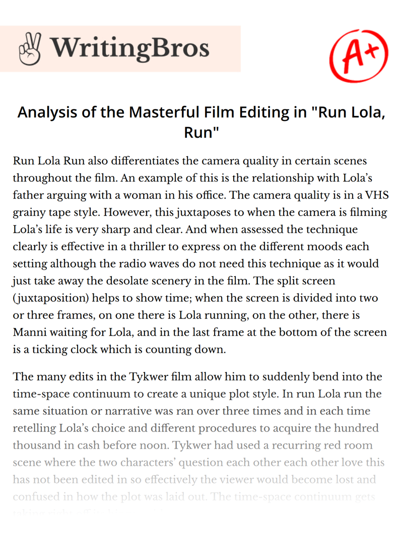 Analysis of the Masterful Film Editing in "Run Lola, Run" essay