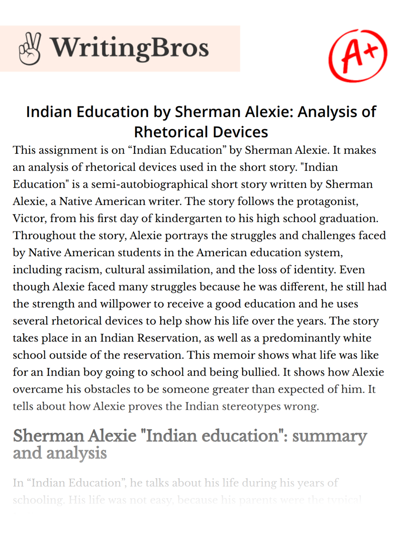 Indian Education by Sherman Alexie: Analysis of Rhetorical Devices essay