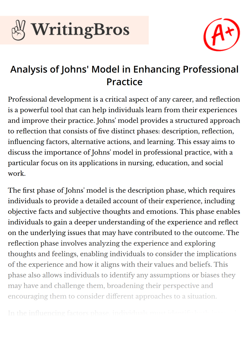 Analysis of Johns' Model in Enhancing Professional Practice essay