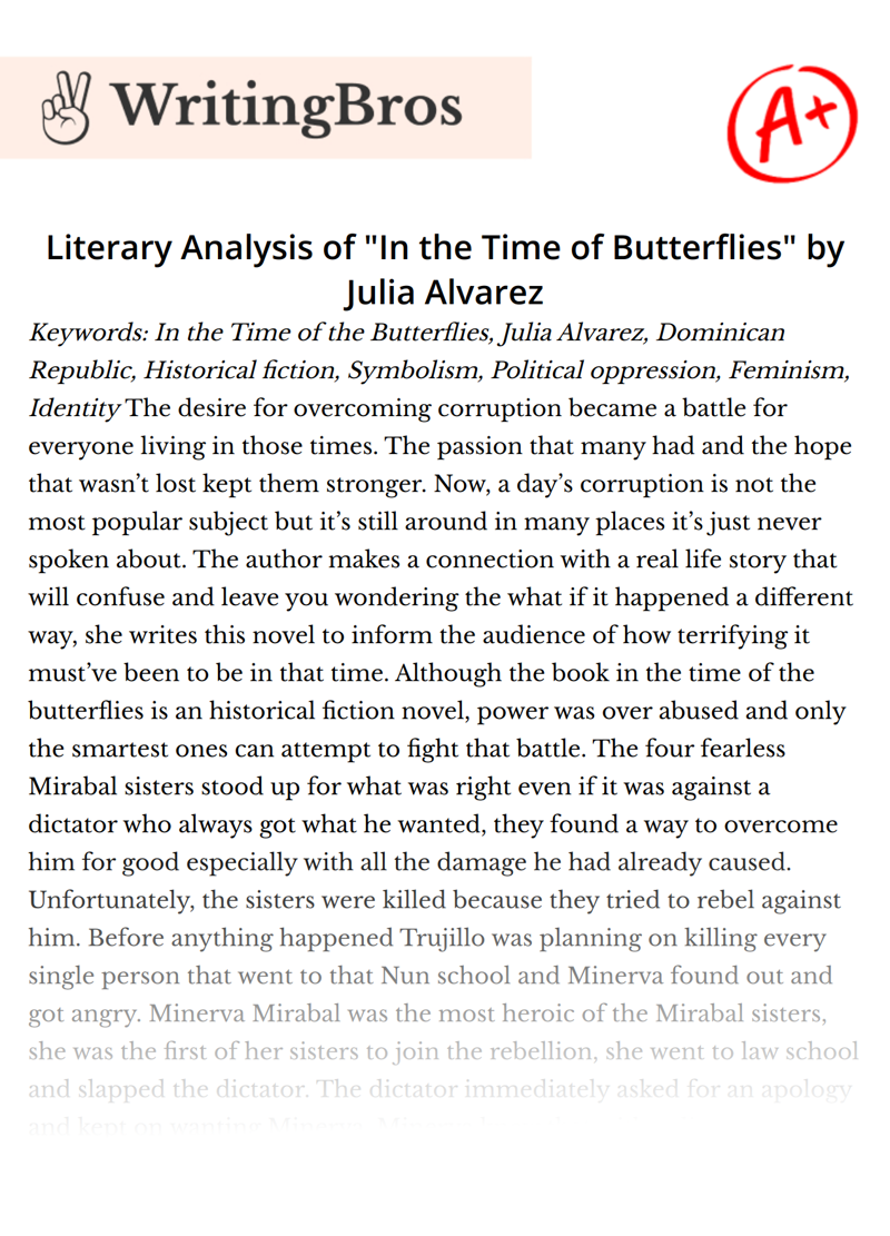 Literary Analysis of "In the Time of Butterflies" by Julia Alvarez essay