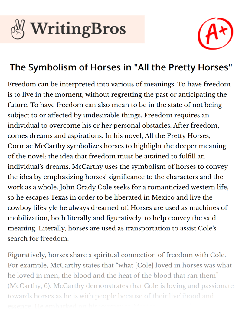 The Symbolism of Horses in "All the Pretty Horses" essay