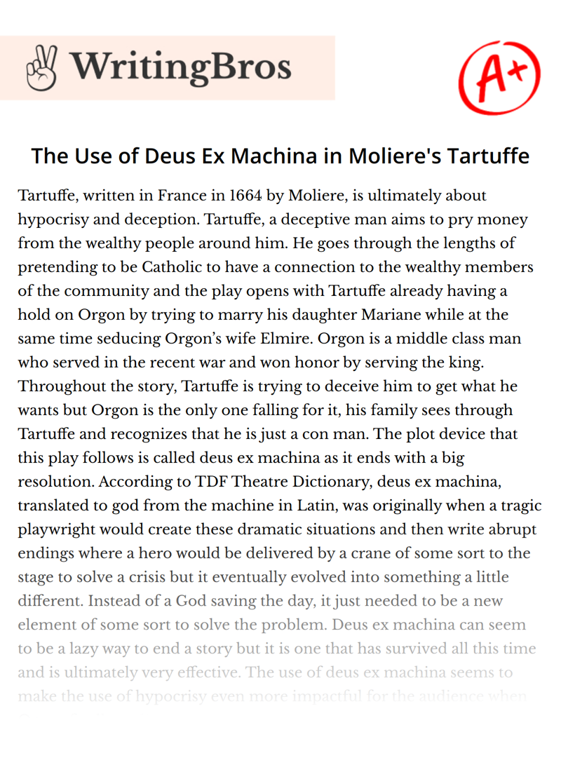 The Use of Deus Ex Machina in Moliere's Tartuffe essay