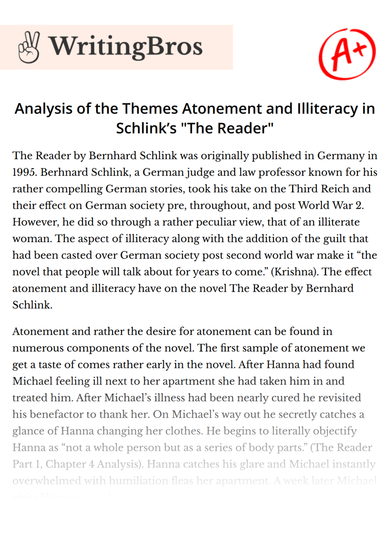 Analysis of the Themes Atonement and Illiteracy in Schlink’s "The Reader" essay