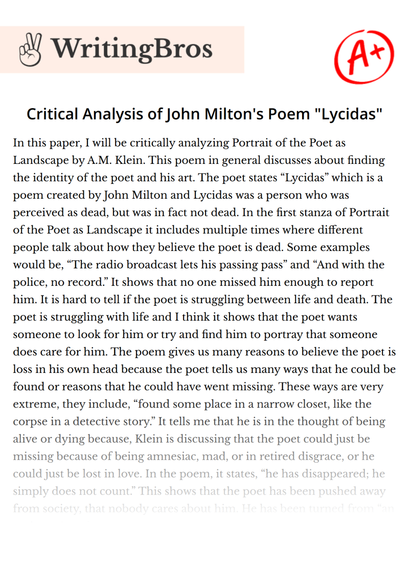 Critical Analysis of John Milton's Poem "Lycidas" essay