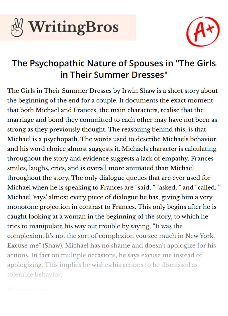 The Psychopathic Nature of Spouses in "The Girls in Their Summer Dresses" essay
