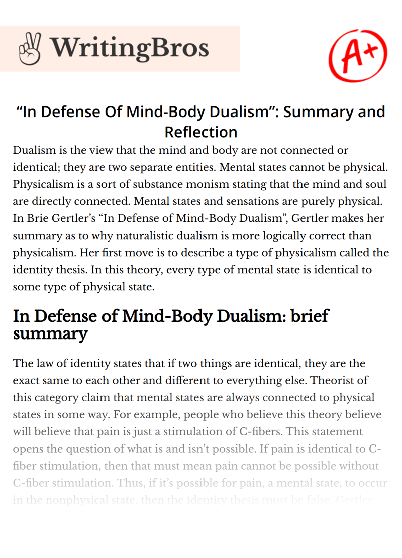 “In Defense Of Mind-Body Dualism”: Summary and Reflection essay