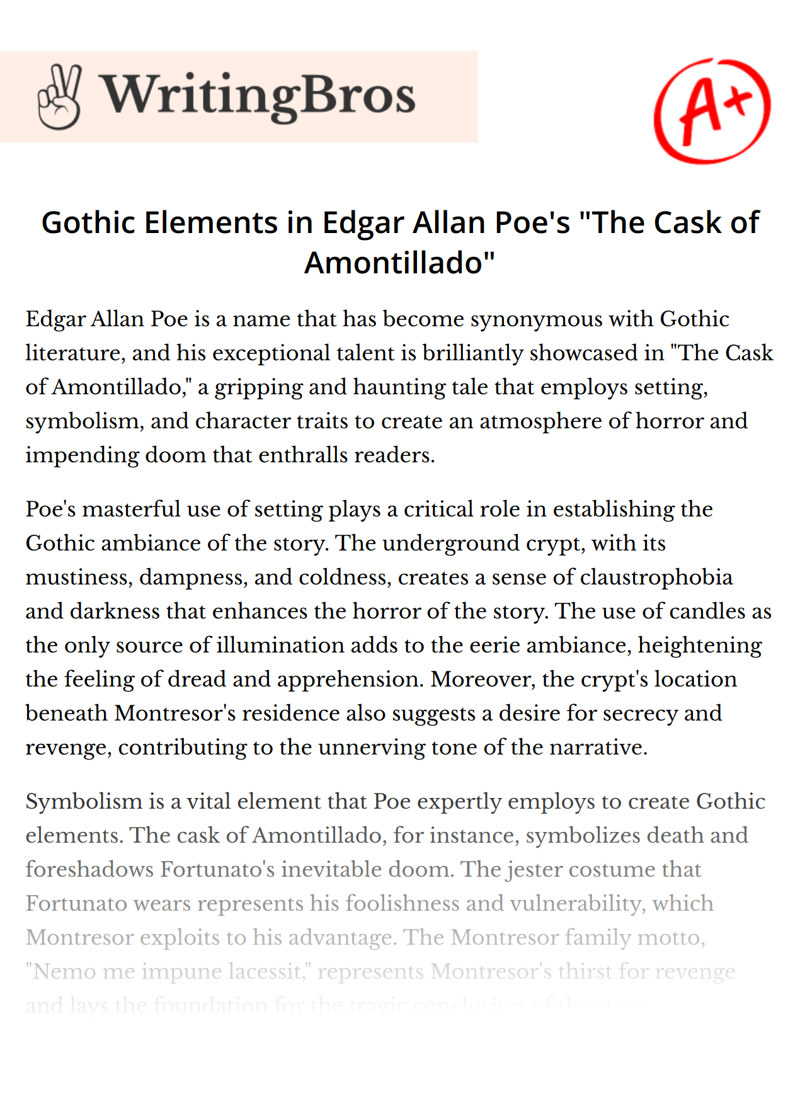Gothic Elements in Edgar Allan Poe's "The Cask of Amontillado" essay