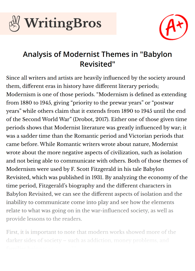 Analysis of Modernist Themes in "Babylon Revisited" essay