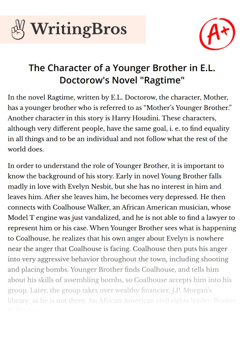 The Character of a Younger Brother in E.L. Doctorow's Novel "Ragtime" essay