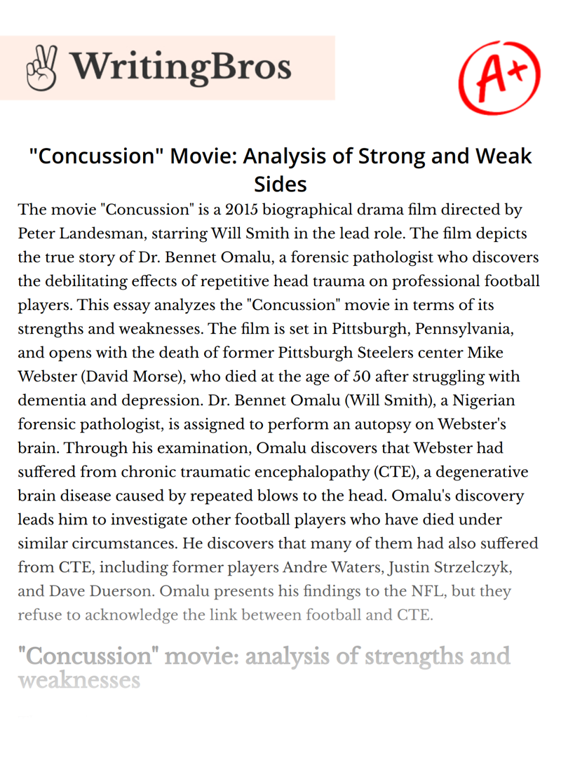 "Concussion" Movie: Analysis of Strong and Weak Sides essay