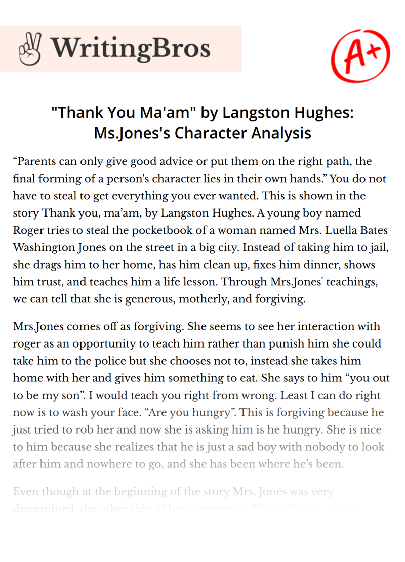 "Thank You Ma'am" by Langston Hughes: Ms.Jones's Character Analysis  essay