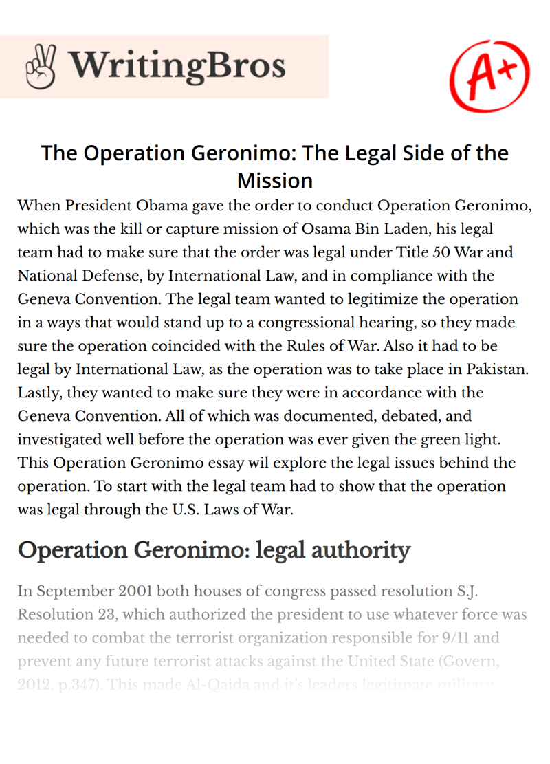 The Operation Geronimo: The Legal Side of the Mission essay