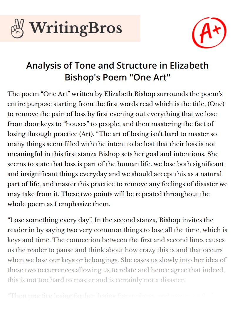 Analysis of Tone and Structure in Elizabeth Bishop's Poem "One Art" essay