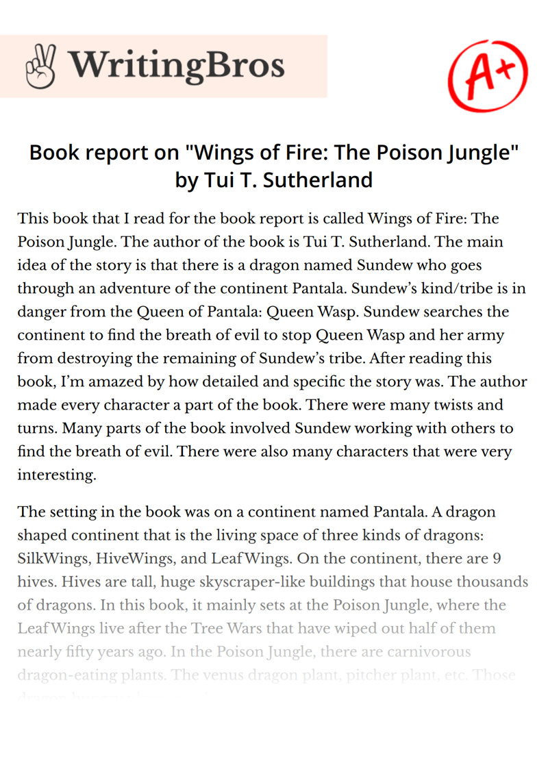 Book report on "Wings of Fire: The Poison Jungle" by Tui T. Sutherland essay