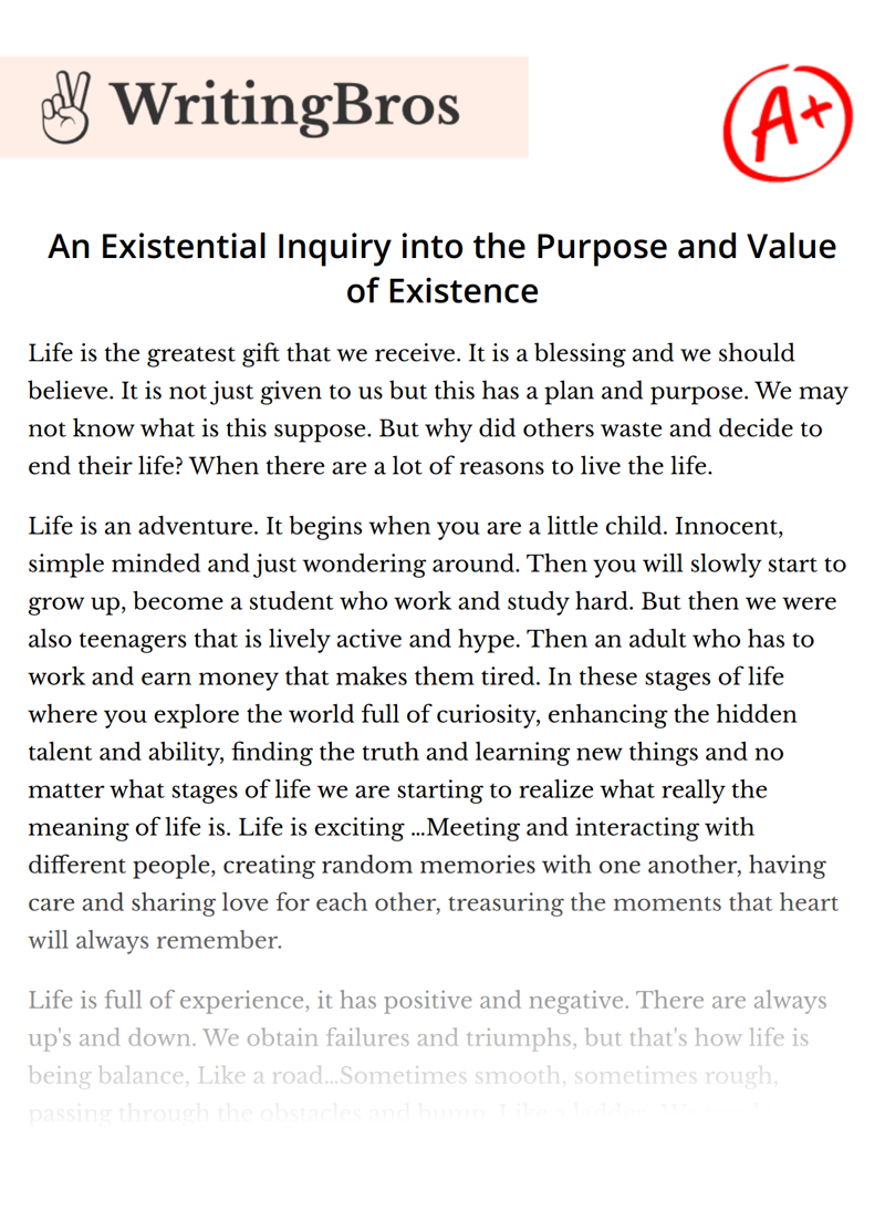 An Existential Inquiry into the Purpose and Value of Existence essay