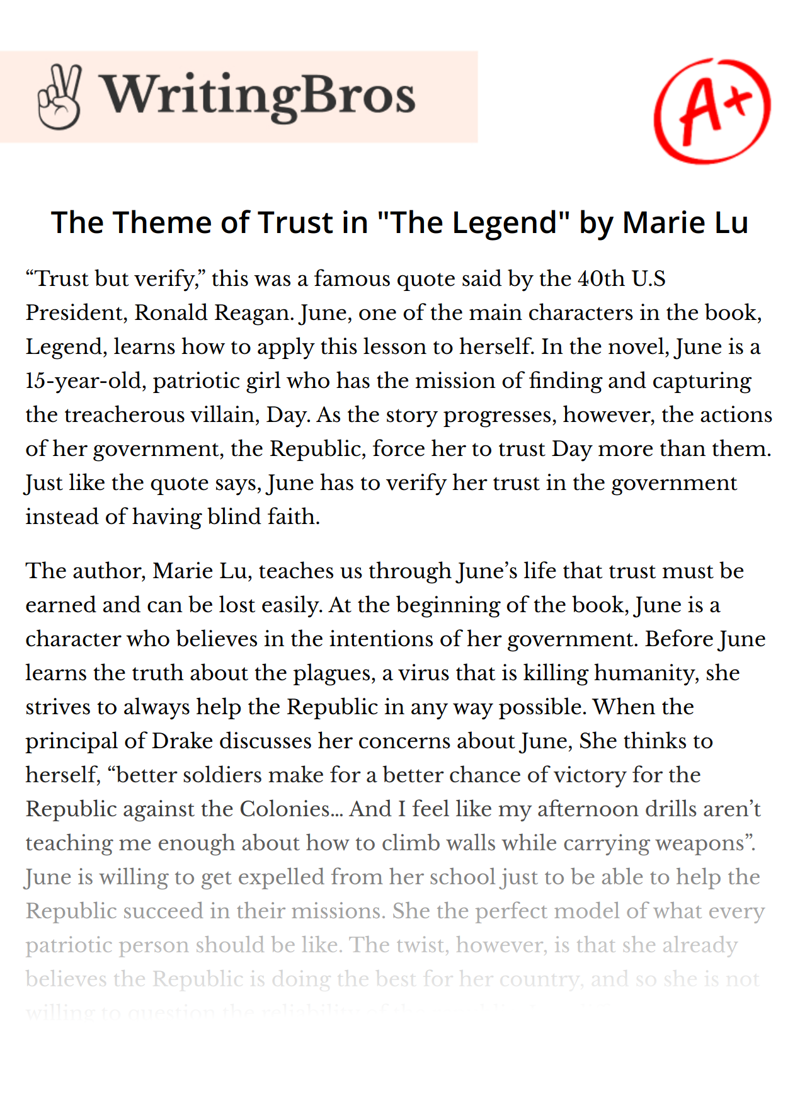 The Theme of Trust in "The Legend" by Marie Lu essay
