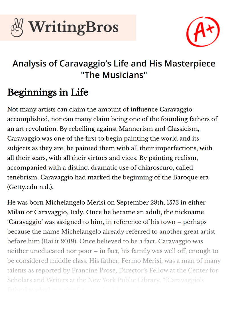 Analysis of Caravaggio’s Life and His Masterpiece "The Musicians" essay