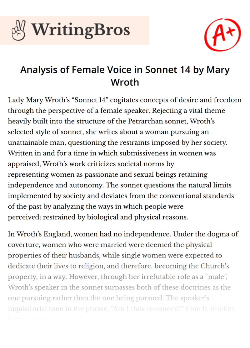 Analysis of Female Voice in Sonnet 14 by Mary Wroth essay