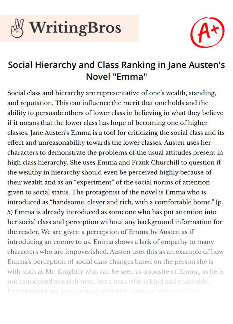 Social Hierarchy and Class Ranking in Jane Austen's Novel "Emma" essay