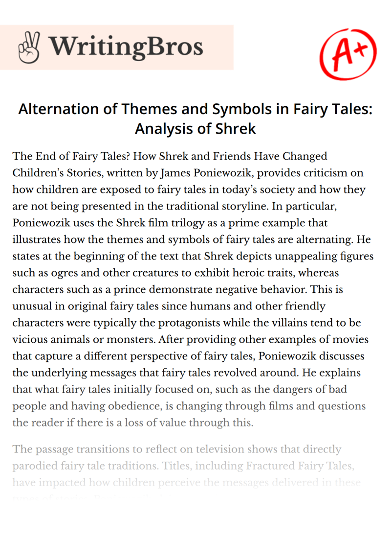 Alternation of Themes and Symbols in Fairy Tales: Analysis of Shrek essay