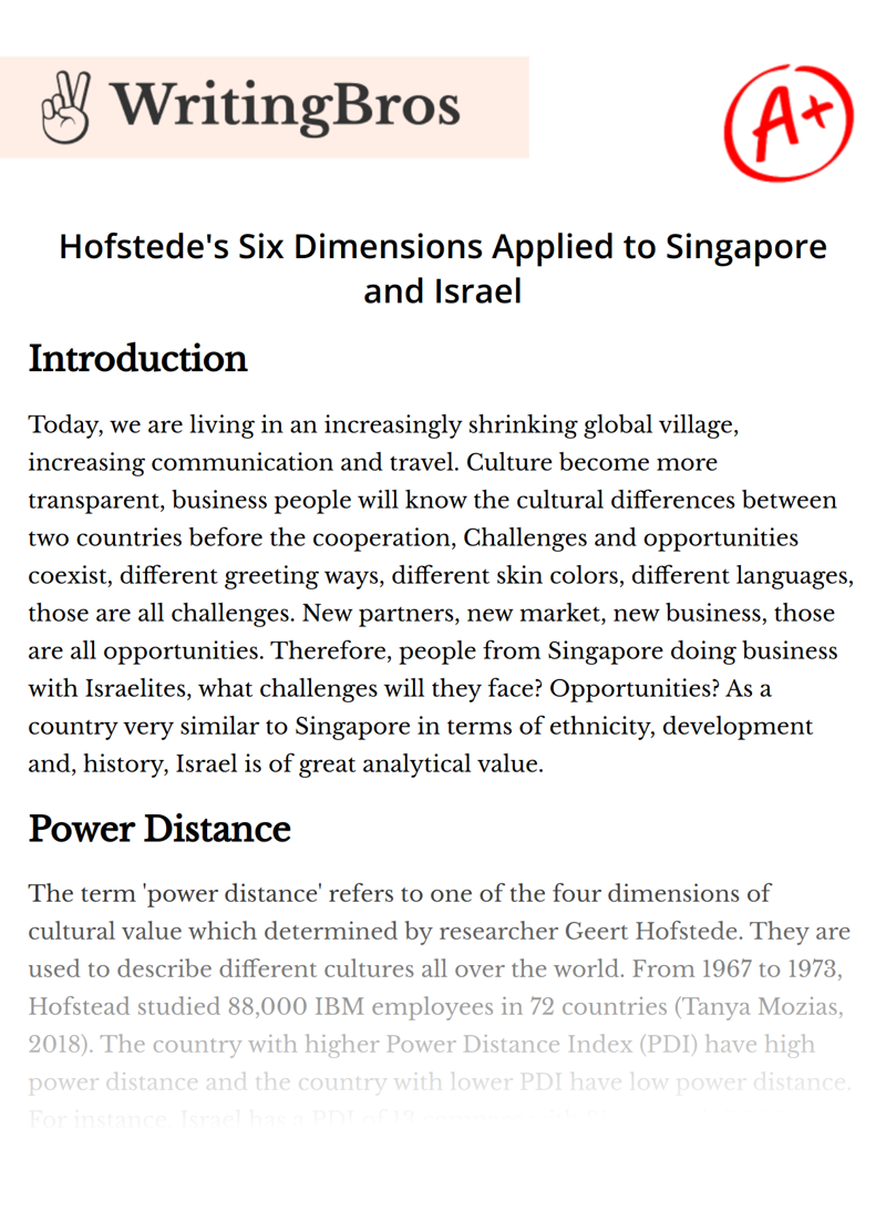 Hofstede's Six Dimensions Applied to Singapore and Israel essay