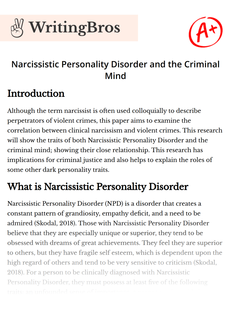 Narcissistic Personality Disorder and the Criminal Mind essay