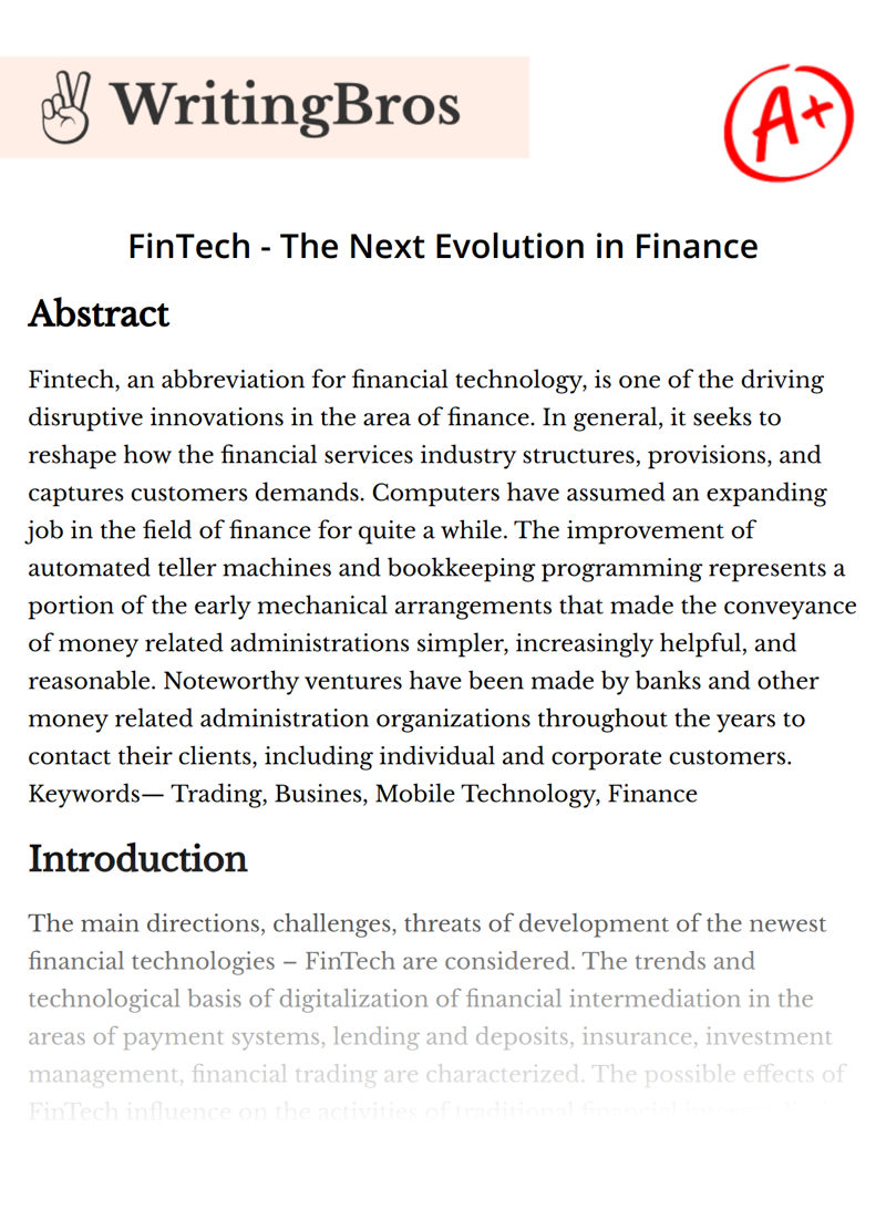 FinTech - The Next Evolution in Finance essay