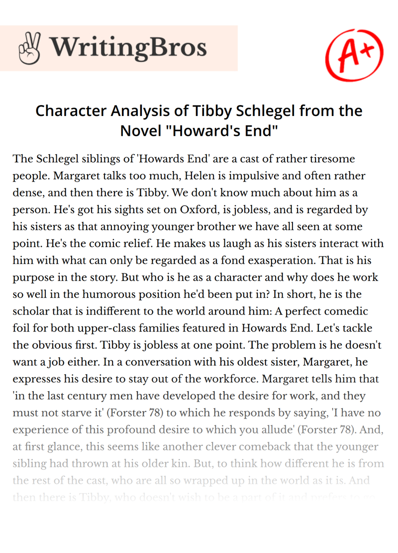 Character Analysis of Tibby Schlegel from the Novel "Howard's End" essay