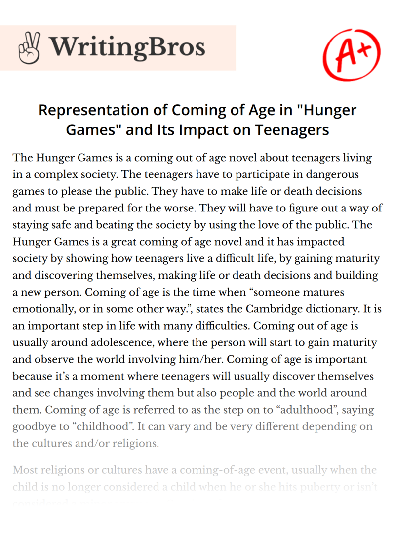 Representation of Coming of Age in "Hunger Games" and Its Impact on Teenagers essay