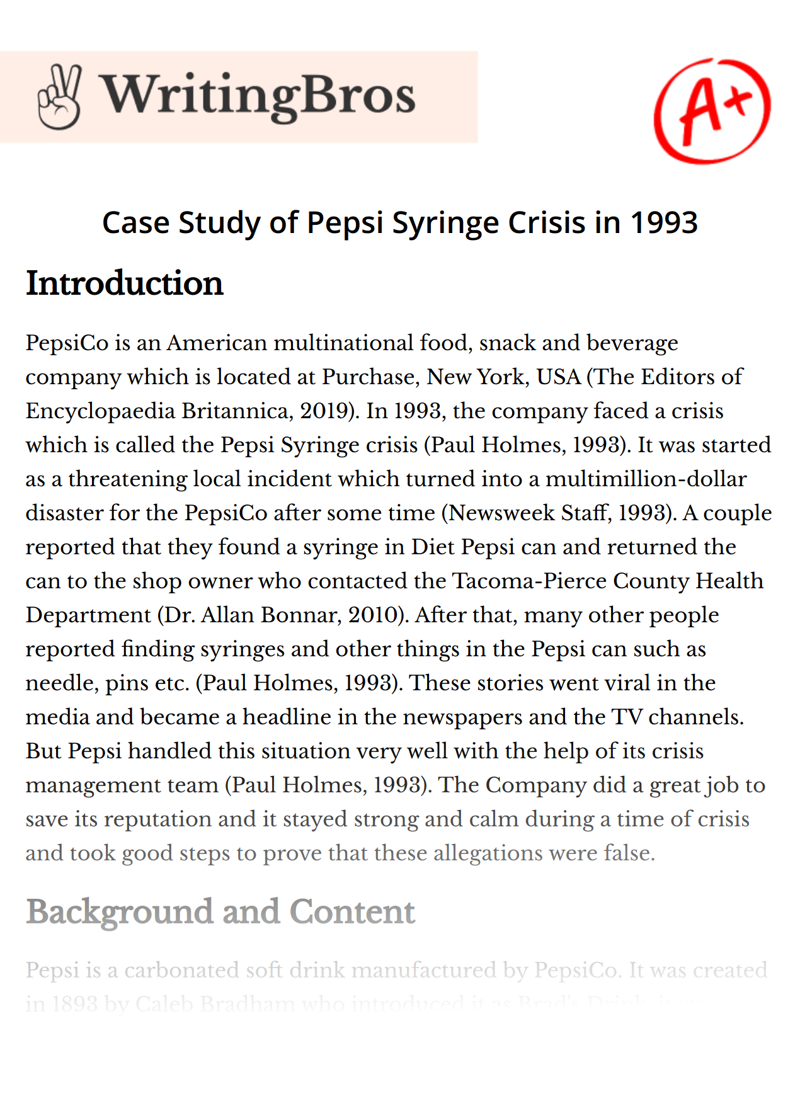 Case Study of Pepsi Syringe Crisis in 1993 essay