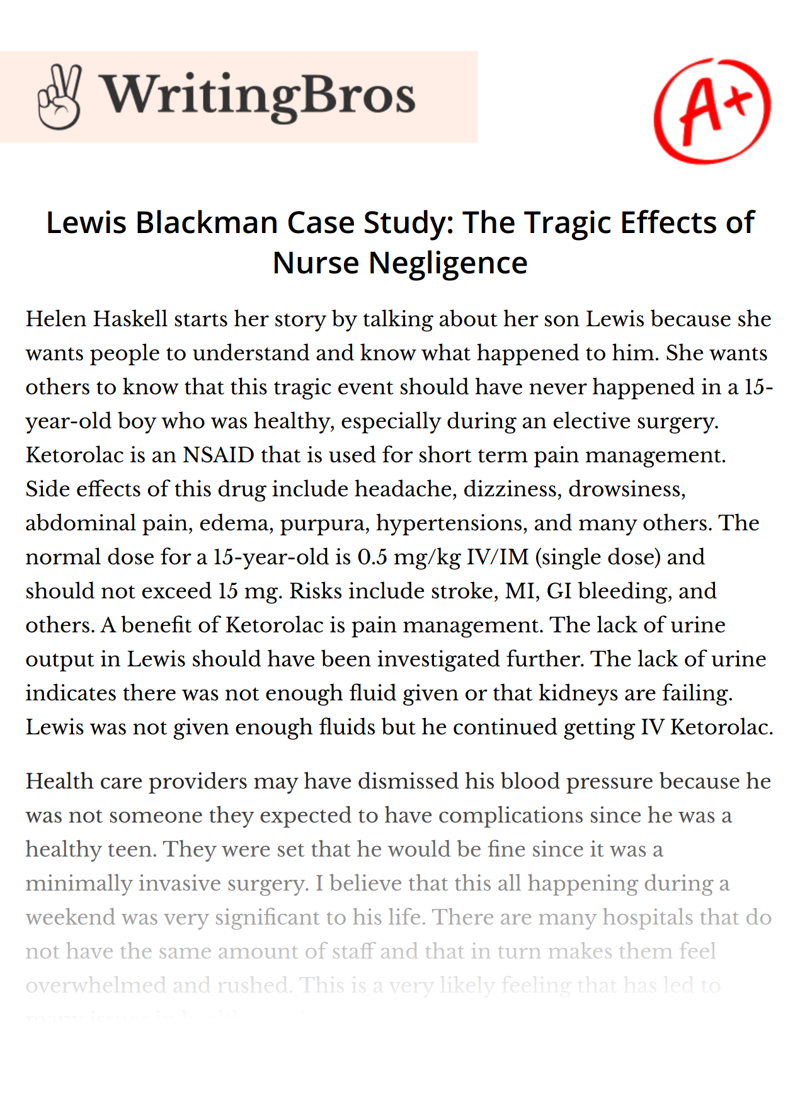 Lewis Blackman Case Study: The Tragic Effects of Nurse Negligence essay