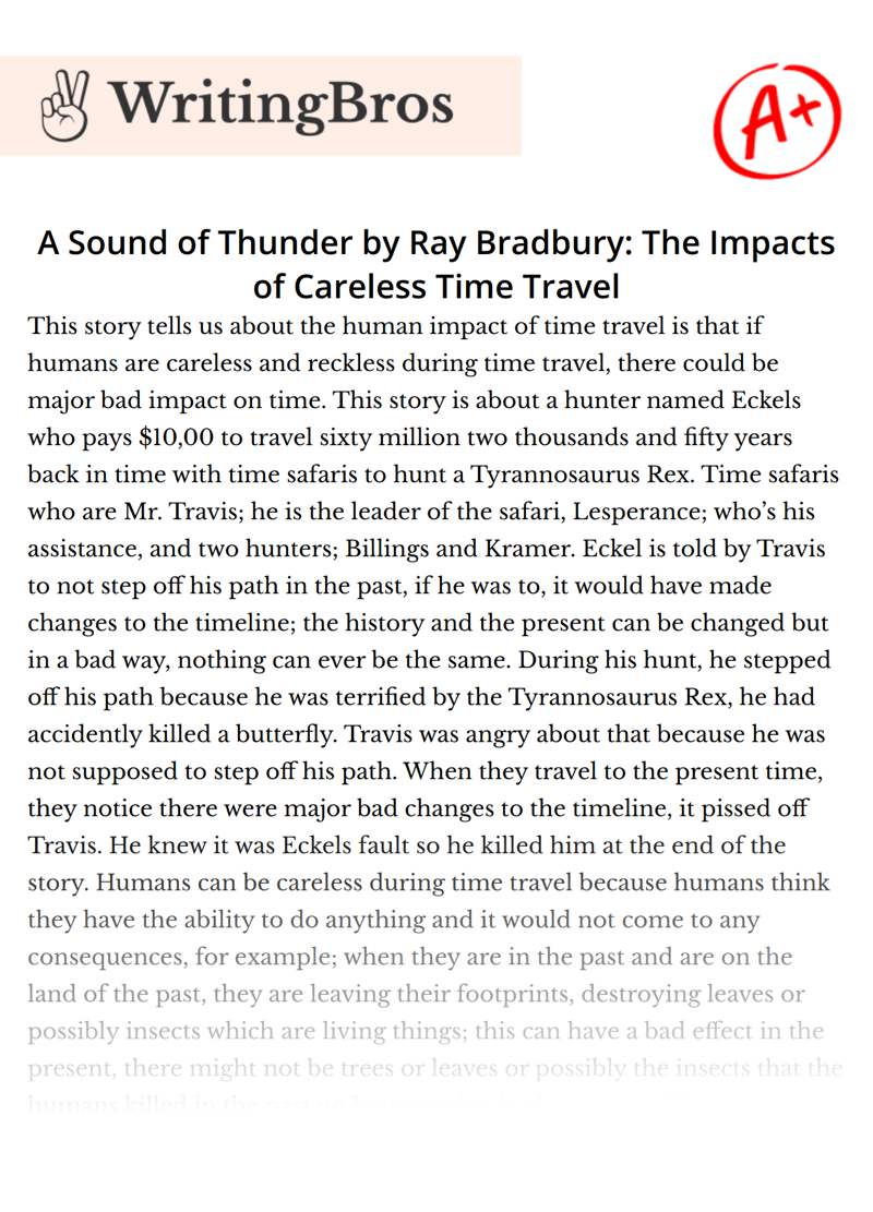 A Sound of Thunder by Ray Bradbury: The Impacts of Careless Time Travel essay
