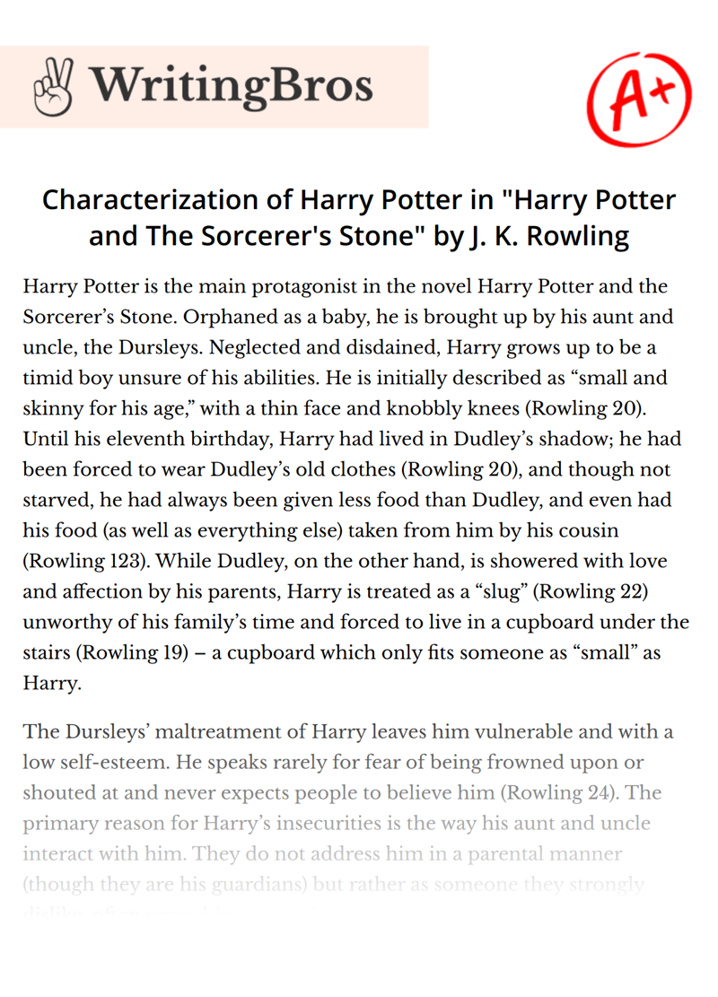 Characterization of Harry Potter in "Harry Potter and The Sorcerer's Stone" by J. K. Rowling essay