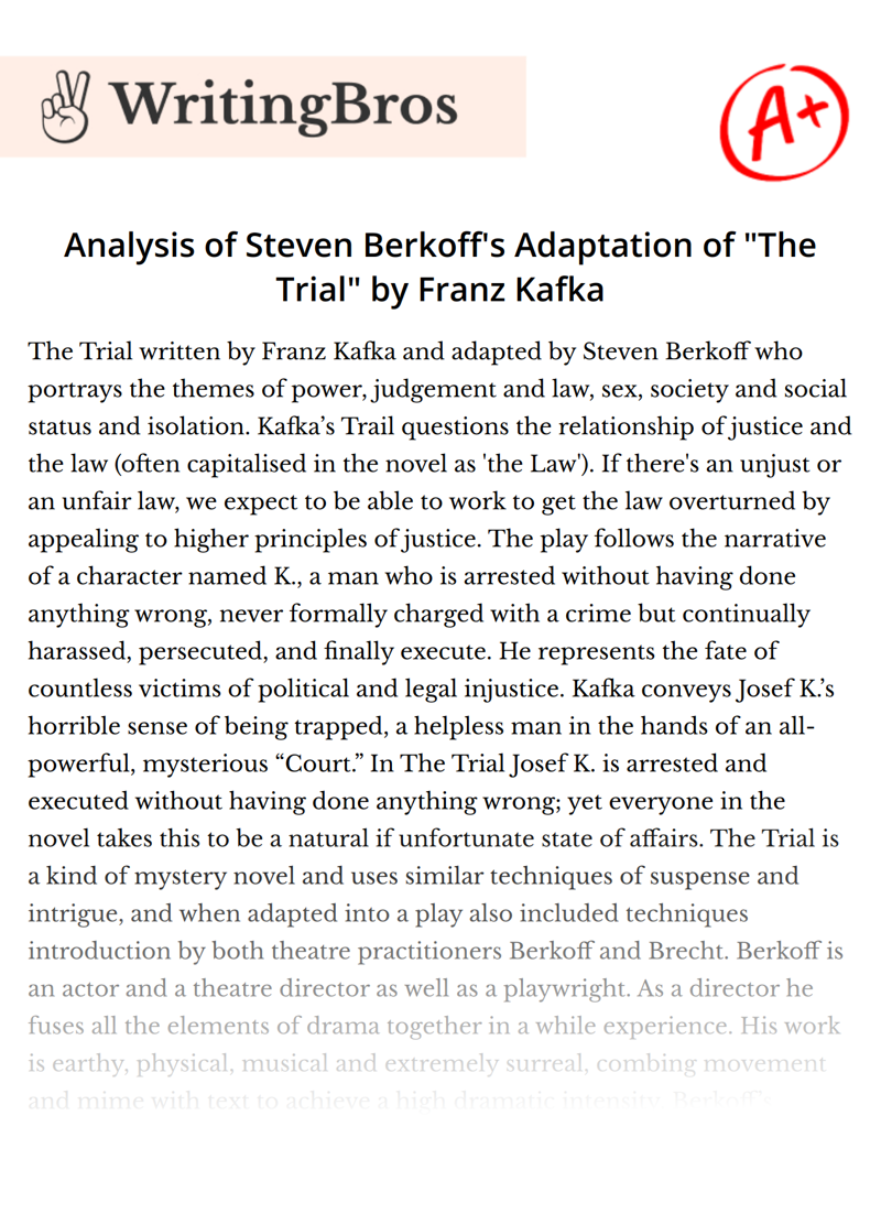 Analysis of Steven Berkoff's Adaptation of "The Trial" by Franz Kafka essay