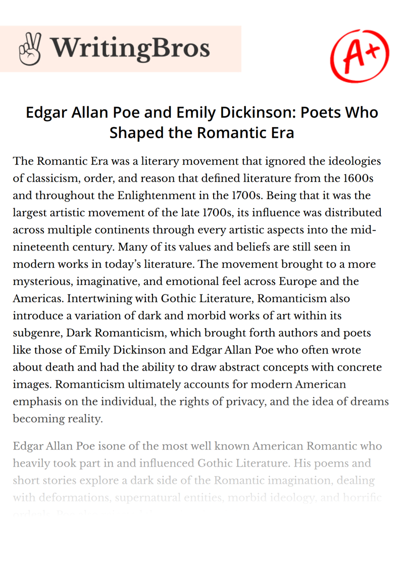 Edgar Allan Poe and Emily Dickinson: Poets Who Shaped the Romantic Era essay