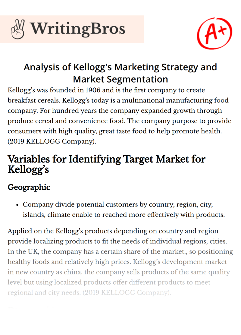 Analysis of Kellogg's Marketing Strategy and Market Segmentation essay