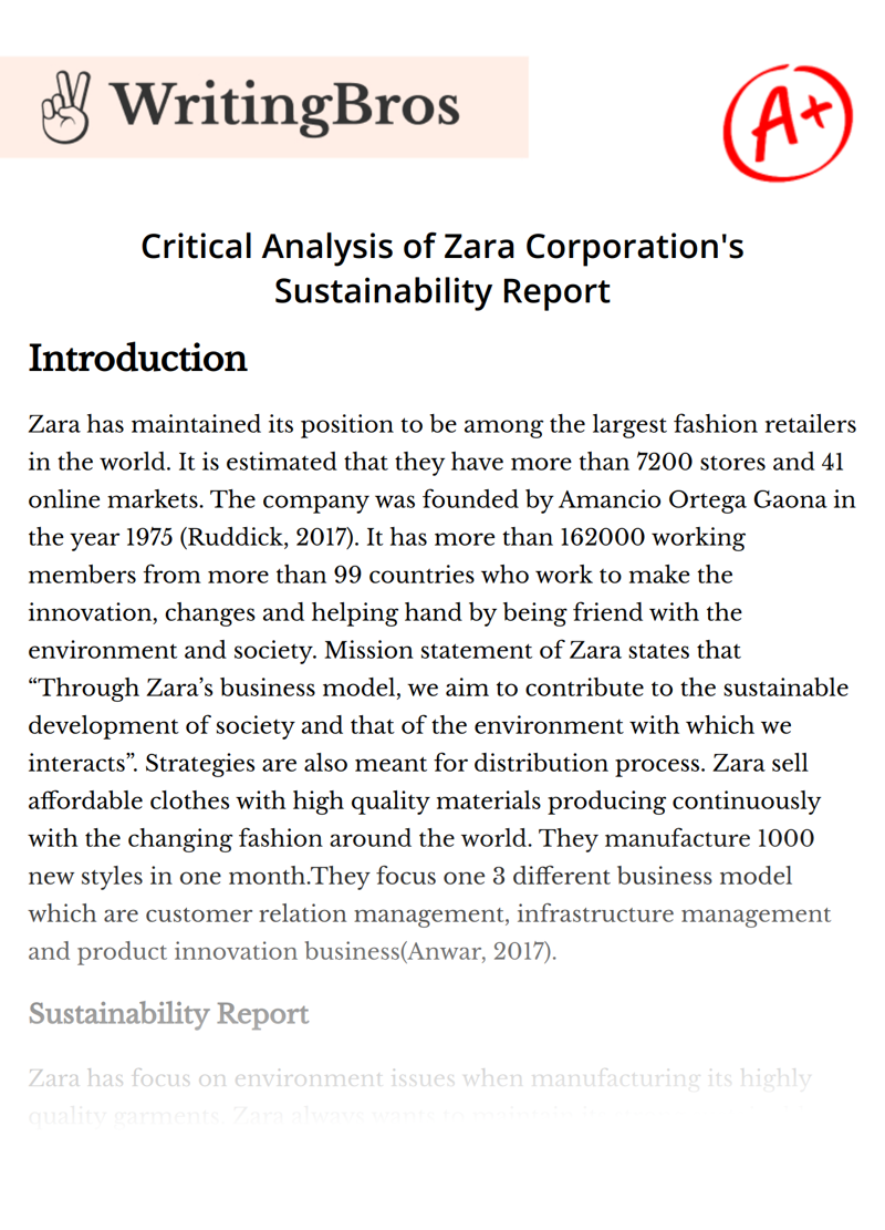 Critical Analysis of Zara Corporation's Sustainability Report essay