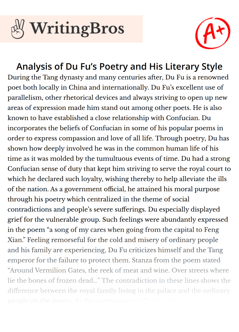 Analysis of Du Fu’s Poetry and His Literary Style essay