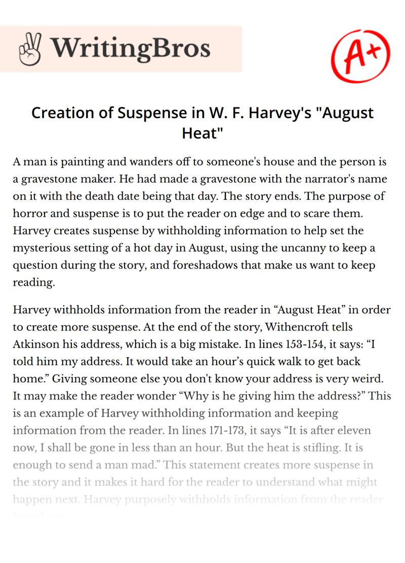 Creation of Suspense in W. F. Harvey's "August Heat" essay