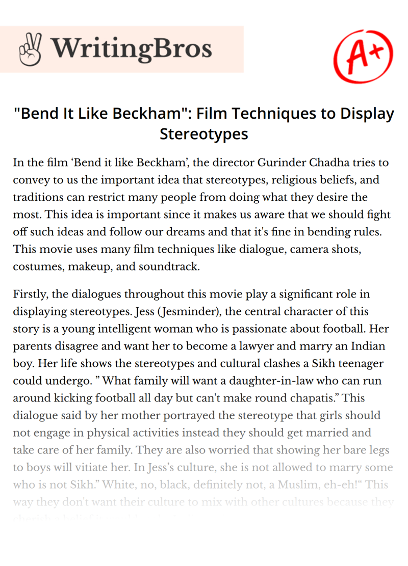 "Bend It Like Beckham": Film Techniques to Display Stereotypes essay