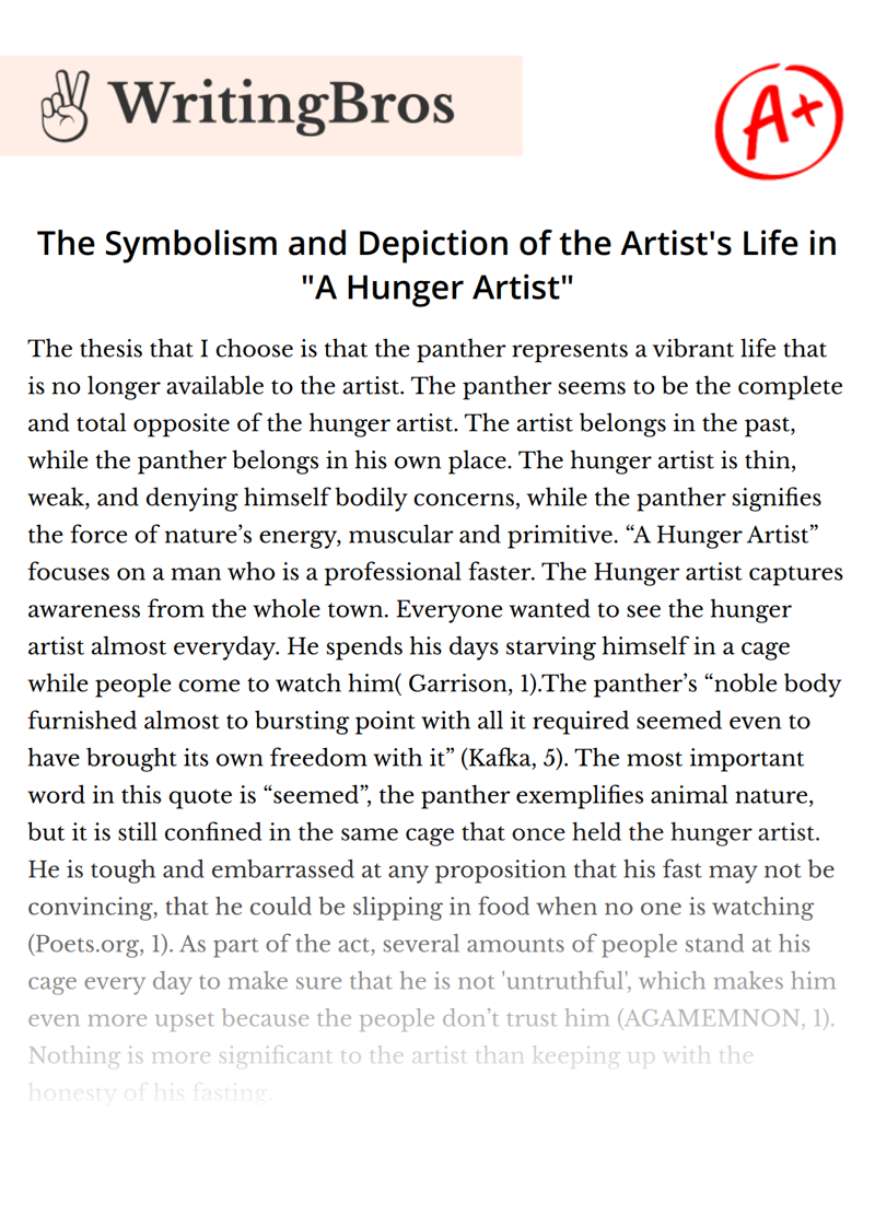 The Symbolism and Depiction of the Artist's Life in "A Hunger Artist" essay