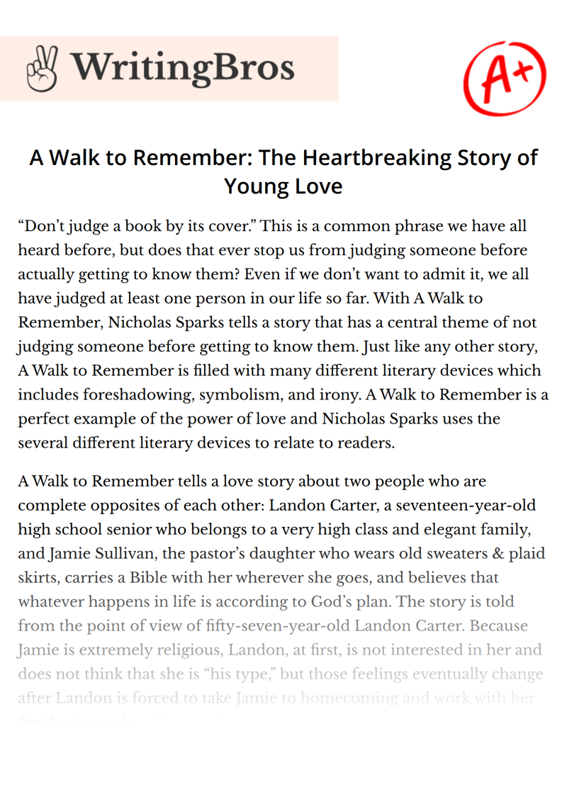A Walk to Remember: The Heartbreaking Story of Young Love essay