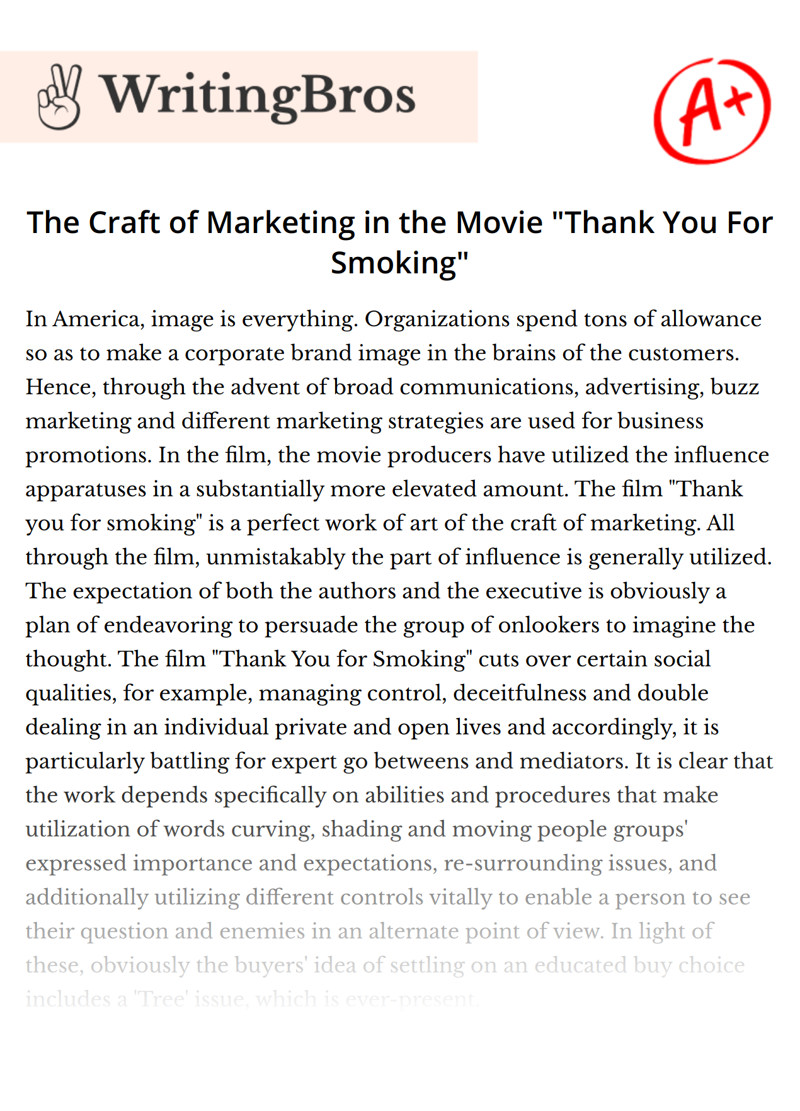 The Craft of Marketing in the Movie "Thank You For Smoking" essay