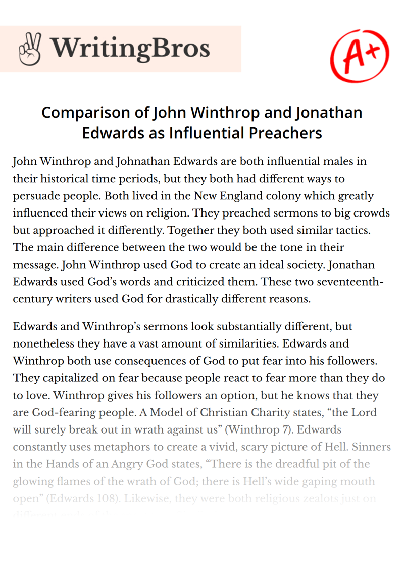 Comparison of John Winthrop and Jonathan Edwards as Influential Preachers essay