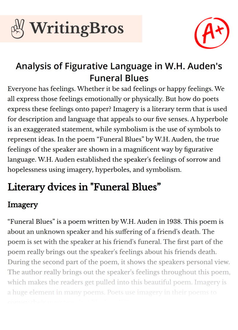 Analysis of Figurative Language in W.H. Auden's Funeral Blues essay